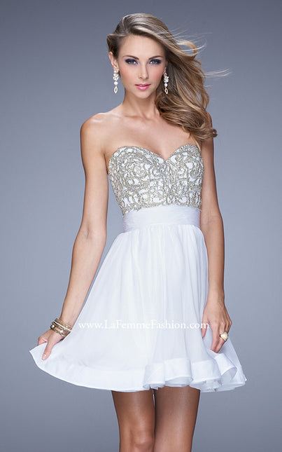 Picture of: Chiffon Cocktail Dress with Beaded Embroidery and Belt, Style: 21202 in White, Detail Picture 3