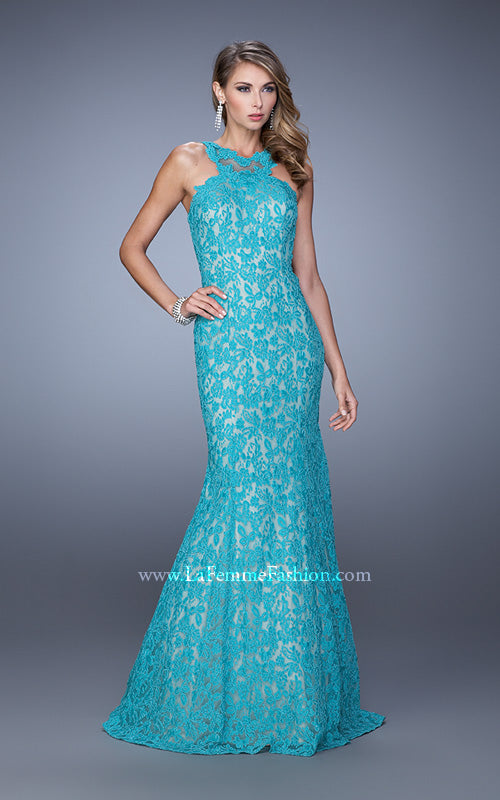 Picture of: Lace Mermaid Prom Dress with Sheer Halter Neckline in Peacock, Style: 21389, Detail Picture 3