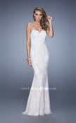 Picture of: Jersey Prom Dress with Lace Tulle Overlay and Open Back in White, Style: 21514, Back Picture