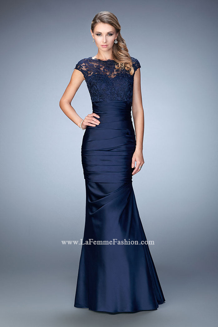 Picture of: Satin Dress with Sheer Cap Sleeves and Pleated Skirt in Blue, Style: 21961, Main Picture