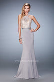 Picture of: Mermaid Prom Gown with Crystal Halter Bodice and Train in Silver, Style: 22177, Detail Picture 1
