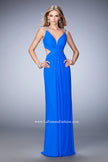 Picture of: Long Prom Gown with V Neck and Crystal Encrusted Straps in Blue, Style: 22384, Detail Picture 2