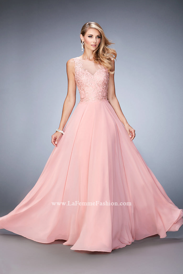 Picture of: Chiffon Gown with Beaded and Lace Bodice and Train in Pink, Style: 22824, Main Picture