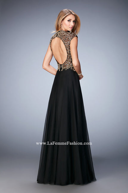 Picture of: Long Prom Dress with Embellished Waistband in Black, Style: 22895, Back Picture