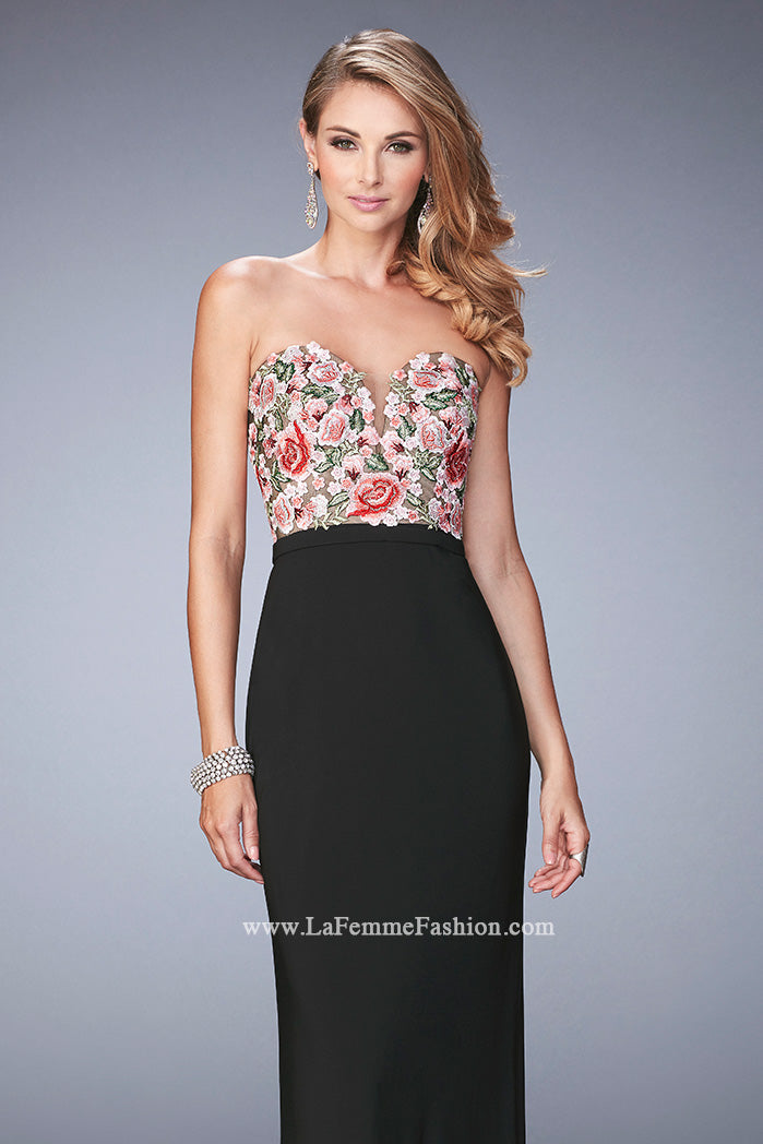 Picture of: Long Jersey Open Back Dress with Floral Lace Applique in Black, Style: 22959, Main Picture