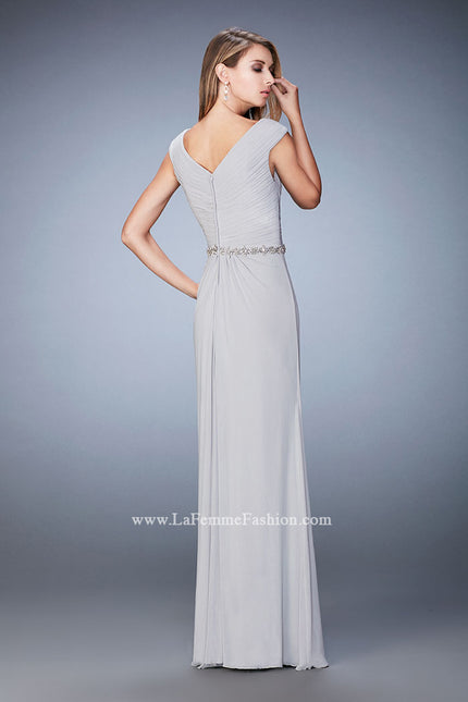Picture of: Evening Gown with Cap Sleeves and Jeweled Belt in Silver, Style: 23024, Back Picture
