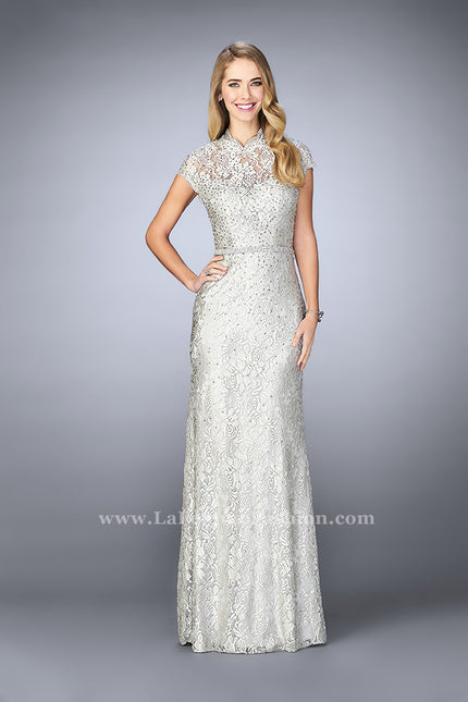 Picture of: Stretch Lace Gown with Sheer Lace Detailing in Silver, Style: 23148, Detail Picture 1