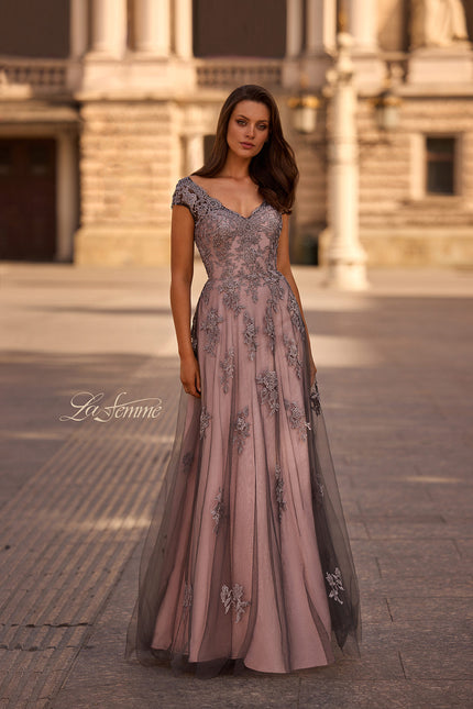 Picture of: Tulle Evening Gown with Embroidery and Cap Sleeves, Style: 23449, Main Picture