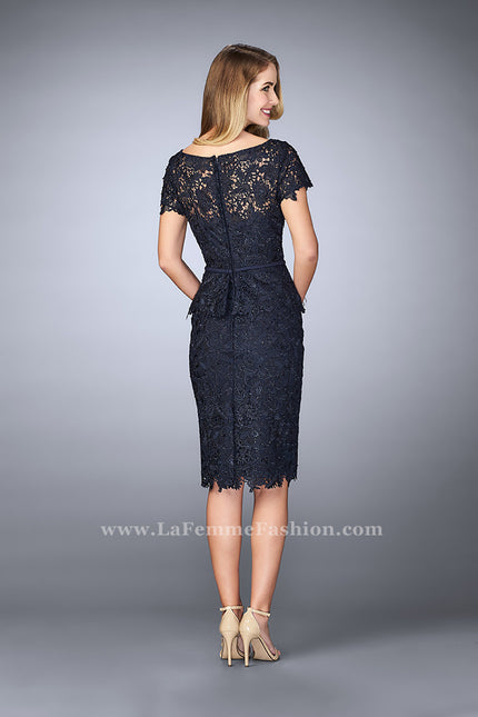 Picture of: Knee Length Peplum Lace Dress with Thin Belt in Blue, Style: 23505, Back Picture