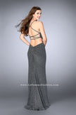 Picture of: Long Sparkly Jersey Prom Dress with Strappy Back in Silver, Style: 23992, Back Picture