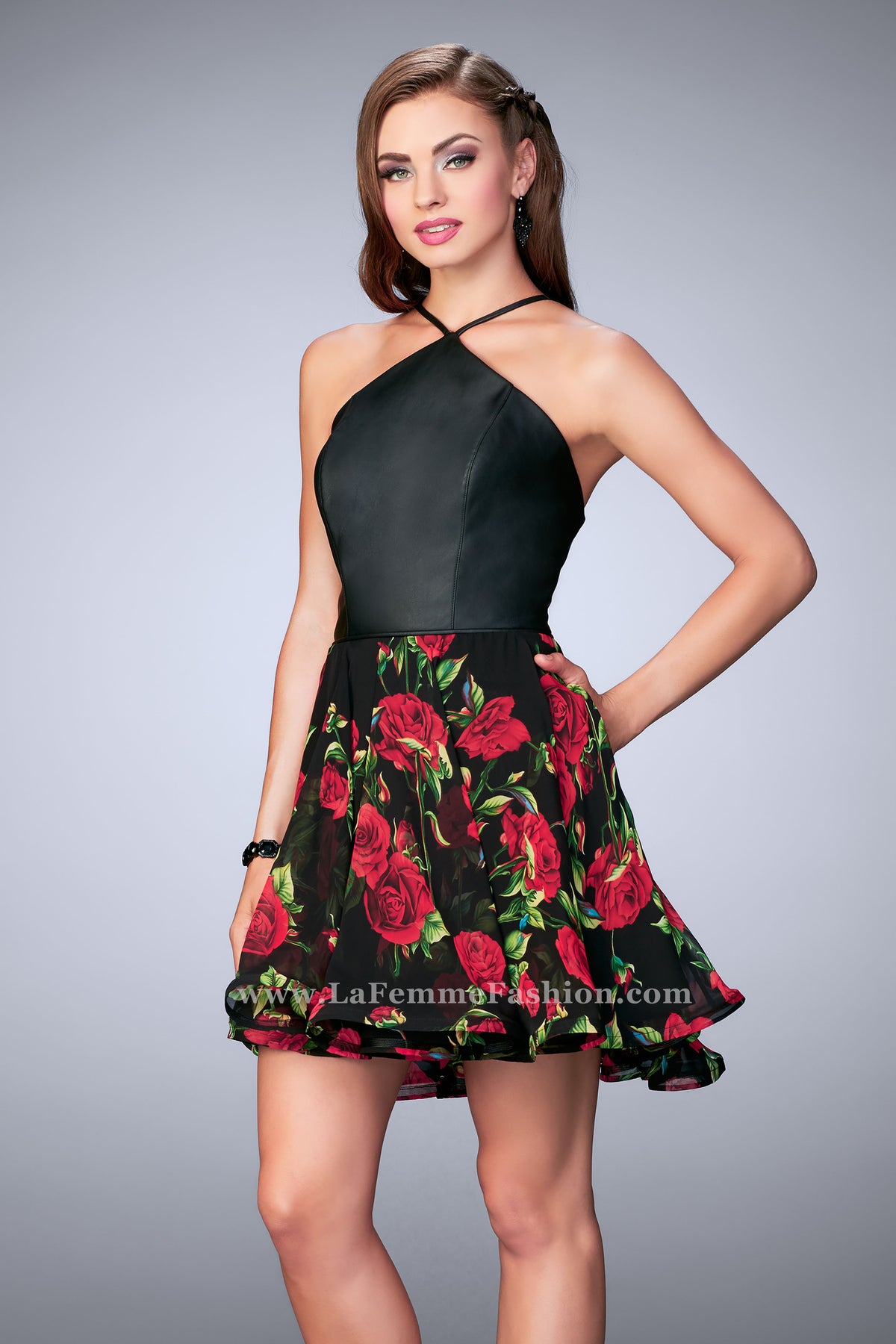 Picture of: Short Floral Dress with High Neck Vegan Leather Top in Black, Style: 24111, Main Picture