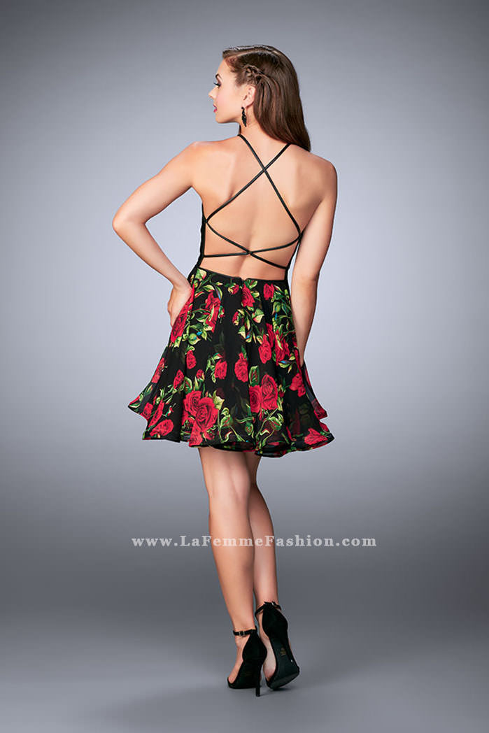 Picture of: Short Floral Dress with High Neck Vegan Leather Top in Black, Style: 24111, Back Picture