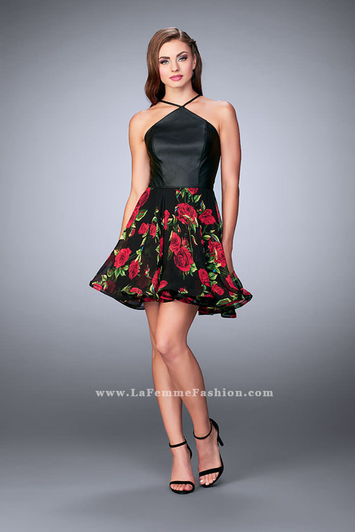 Picture of: Short Floral Dress with High Neck Vegan Leather Top in Black, Style: 24111, Detail Picture 2