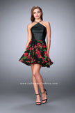 Picture of: Short Floral Dress with High Neck Vegan Leather Top in Black, Style: 24111, Detail Picture 2