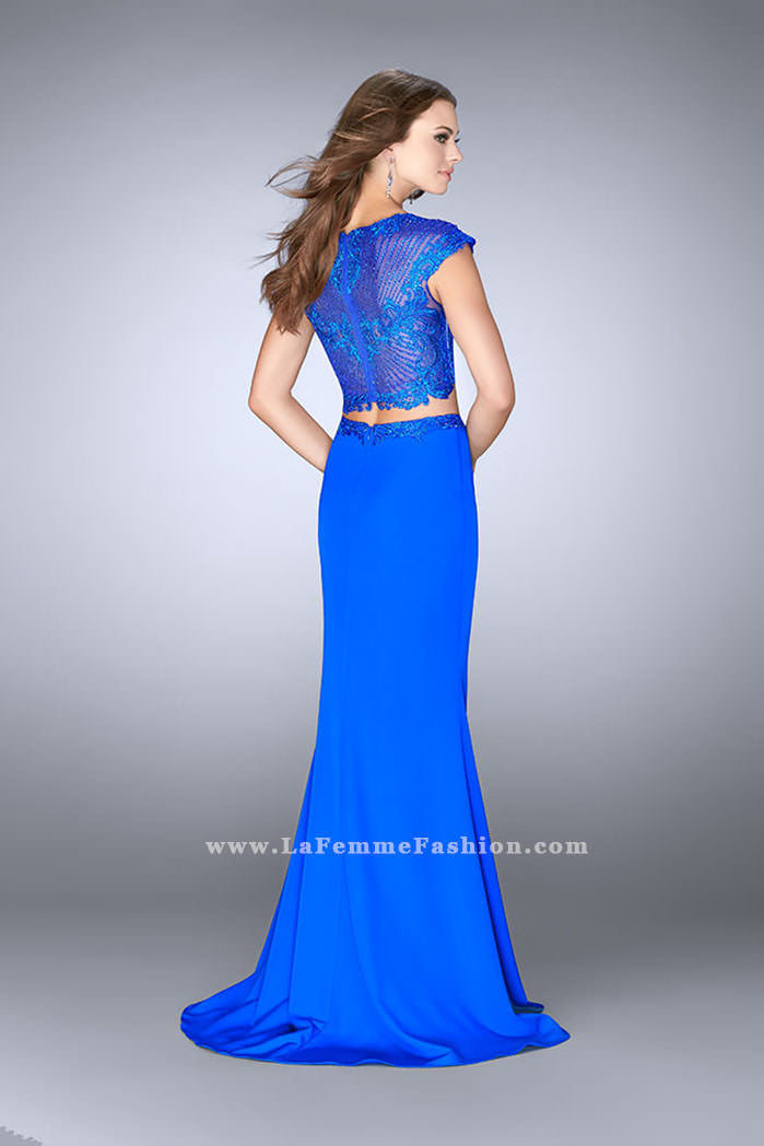 Picture of: Two Piece Prom Dress with Lace Top and Cap Sleeves in Blue, Style: 24553, Back Picture