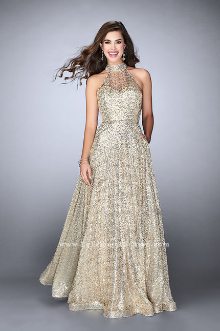 Picture of: Sequin A-line Gown with High Neck and Key Hole Back in Gold, Style: 24584, Main Picture