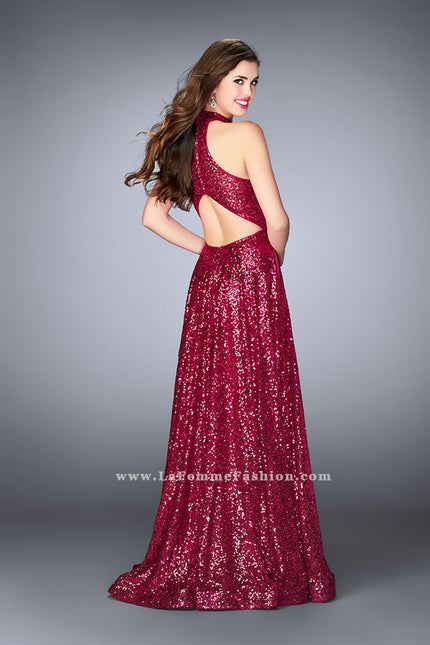 Picture of: Sequin A-line Gown with High Neck and Key Hole Back in Pink, Style: 24584, Back Picture
