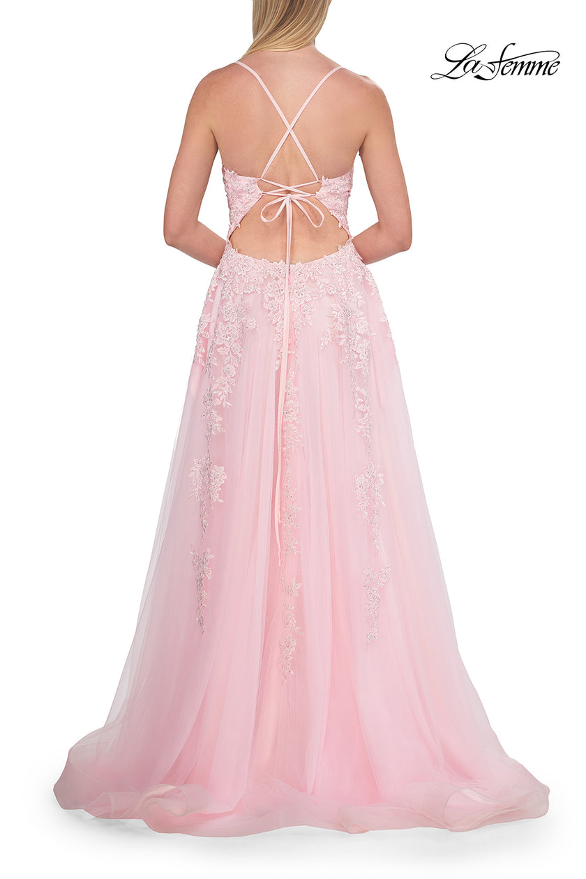 Picture of: Beaded A-Line Tulle Gown with Slit and Open Tie Back in Baby Pink, Style: 33715, Detail Picture 15