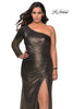 Picture of: One Shoulder Long Sleeve Metallic Plus Size Gown in Black Gold, Style: 28878, Main Picture