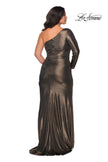 Picture of: One Shoulder Long Sleeve Metallic Plus Size Gown in Black Gold, Style: 28878, Back Picture