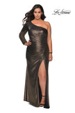 Picture of: One Shoulder Long Sleeve Metallic Plus Size Gown in Black Gold, Style: 28878, Detail Picture 2