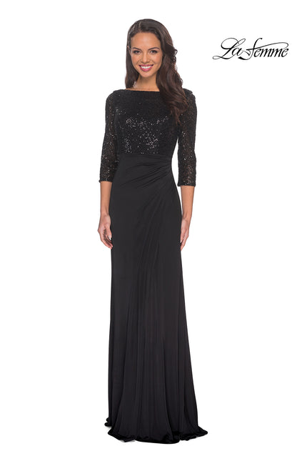 Picture of: Floor Length Dress with Sequin Bodice and Ruching in Black, Style: 24858, Main Picture