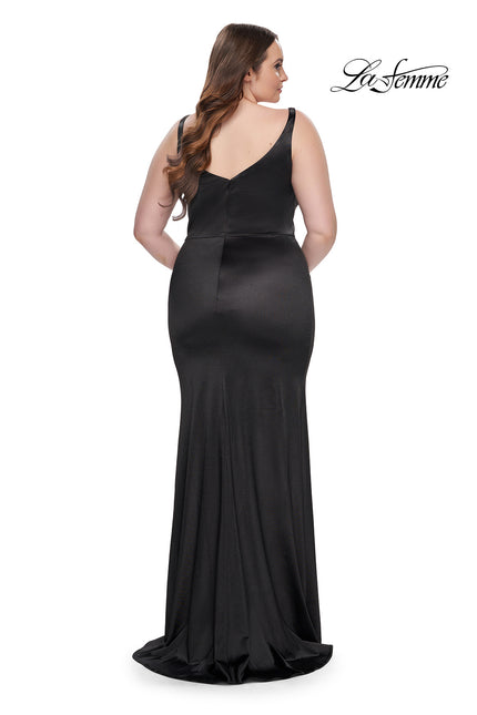 Picture of: Stretch Satin Plus Size Dress with Unique Neckline and Slit in Black, Style: 31266, Back Picture
