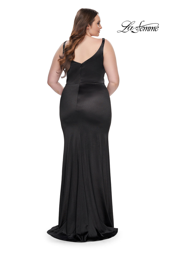 Picture of: Stretch Satin Plus Size Dress with Unique Neckline and Slit in Black, Style: 31266, Back Picture
