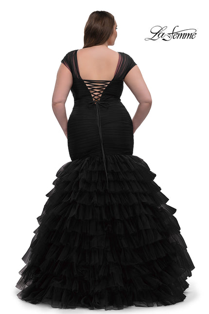 Picture of: Mermaid Curve Prom Dress with Ruffle Skirt in Black, Style: 32389, Back Picture