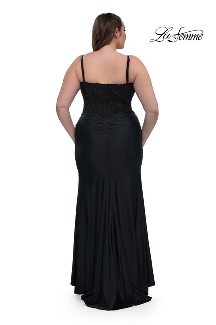 Picture of: Plus Size Prom Dress with Lace Corset Top and Jersey Skirt in Black, Style: 32449, Back Picture