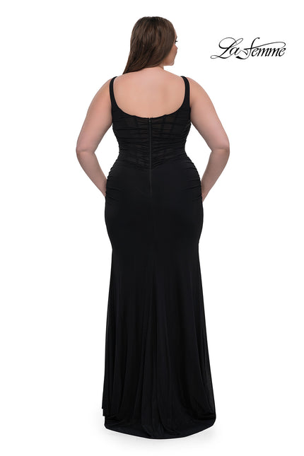 Picture of: Modified Square Neckline Plus Size Dress with Ruching in Black, Style: 33005, Back Picture