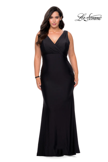 Picture of: Neon Plus Size Jersey Dress with Faux Wrap Bodice in Black, Style: 29016, Detail Picture 3