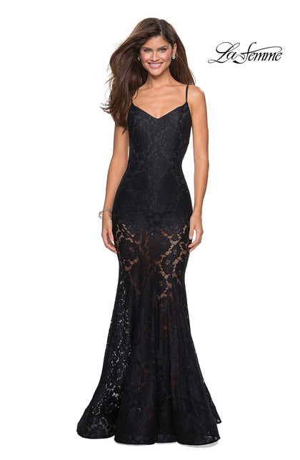 Picture of: Long Form Fitting Lace Prom Dress with Attached Shorts in Black, Style: 27584, Main Picture