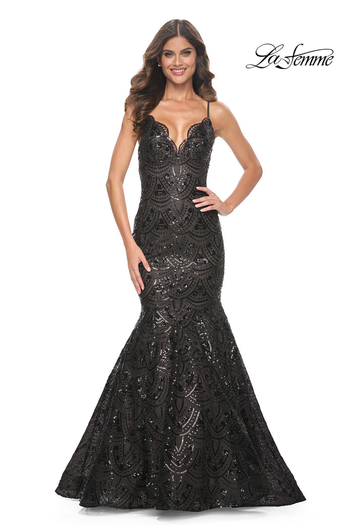 Picture of: Mermaid Print Sequin Dress with Scallop Detail Neckline in Black, Style: 32118, Main Picture