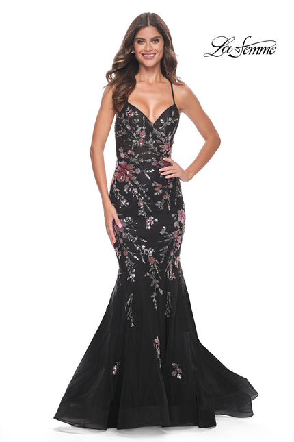 Picture of: Mermaid Dress with Multi Color Sequin Lace Applique in Black, Style: 32246, Main Picture