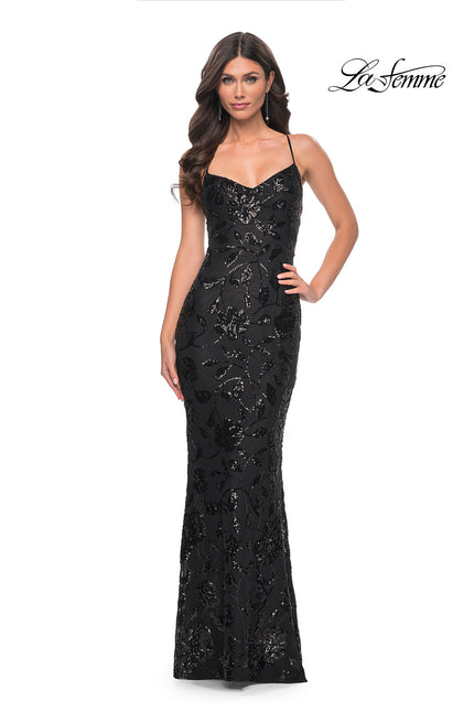Picture of: Black Print Sequin Stretch Dress with Lace Up Back in Black, Style: 32415, Main Picture