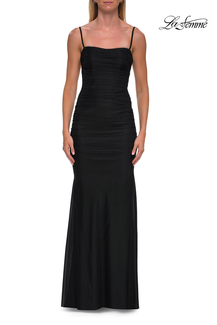 Picture of: Ruched Jersey Gown with Low Rhinestone Detail Back in Black, Style: 33560, Detail Picture 9