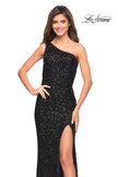Picture of: One Shoulder Luxurious Soft Sequin Dress with Slit in Black, Style: 30562, Detail Picture 13