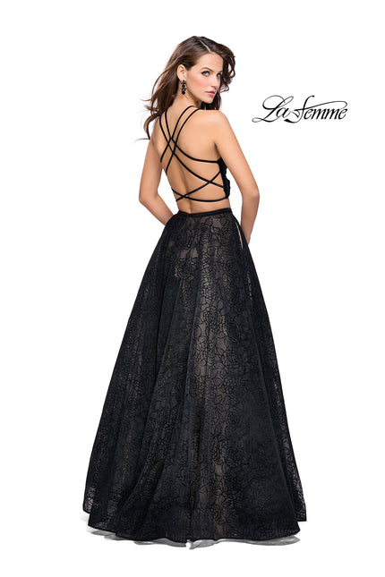 Picture of: Two Piece Long Ball Gown with Velvet Top and Open Back in Black, Style: 25592, Back Picture