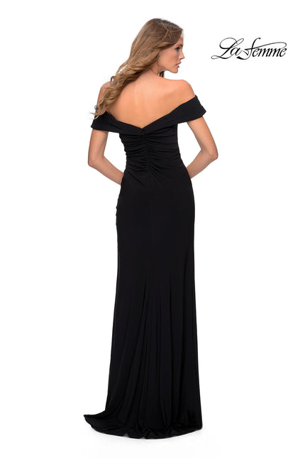 Picture of: Off the Shoulder Fully Ruched Floor Length Gown in Black, Style: 28389, Back Picture