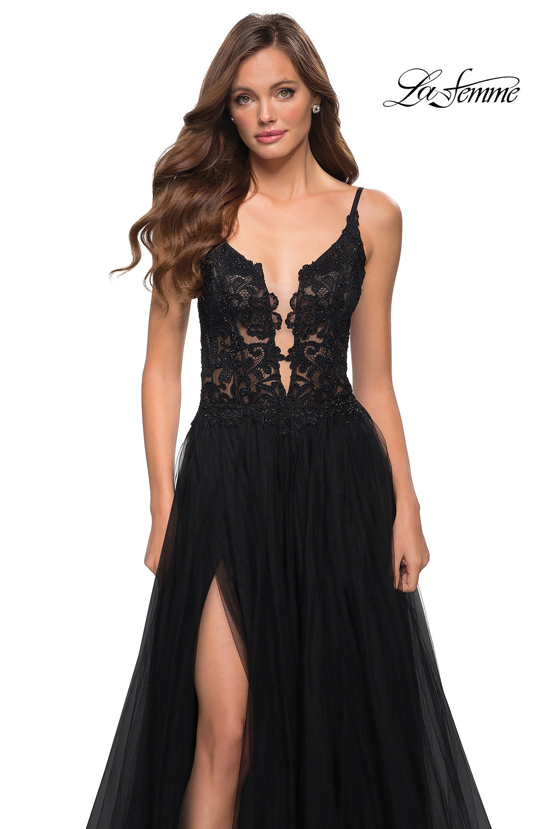 Picture of: Tulle A Line Gown with Lace Rhinestone Bodice in Black, Style 29686, Detail Picture 3