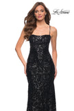 Picture of: Print Sequin Long Dress with Lace Up Back in Black, Style 29638, Detail Picture 7
