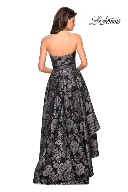 Picture of: Floral Print High-Low Strapless Prom Dress in Black Silver, Style: 27468, Back Picture