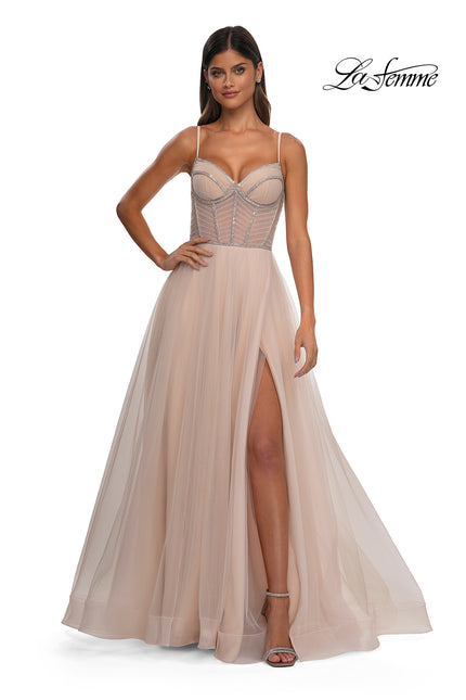 Picture of: Tulle A-line Prom Dress with Rhinestone Detail on Corset Top in Blush, Style: 32675, Detail Picture 9
