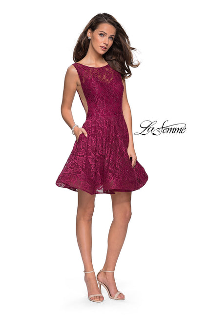 Picture of: Lace Short Dress with Rhinestones and Pockets in Boysenberry, Style: 26616, Detail Picture 5