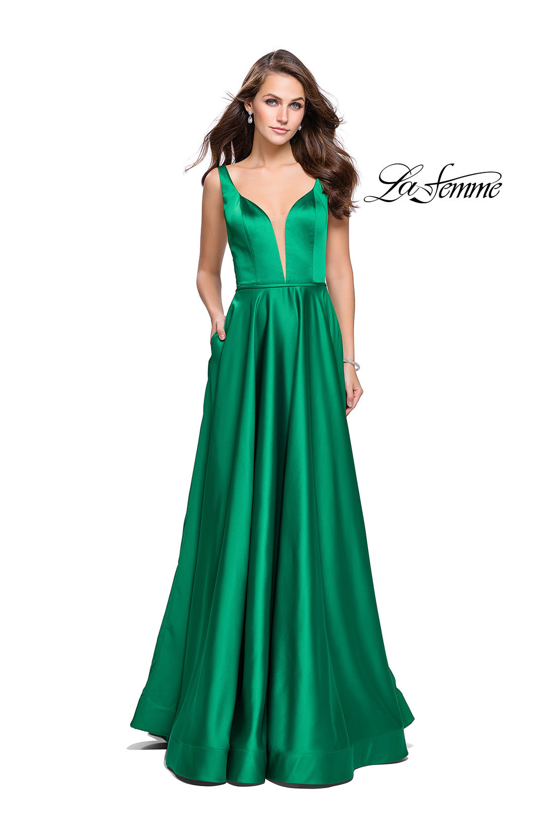 Picture of: Satin A line Prom Dress with Deep V Back in Bright Emerald, Style: 25455, Detail Picture 3