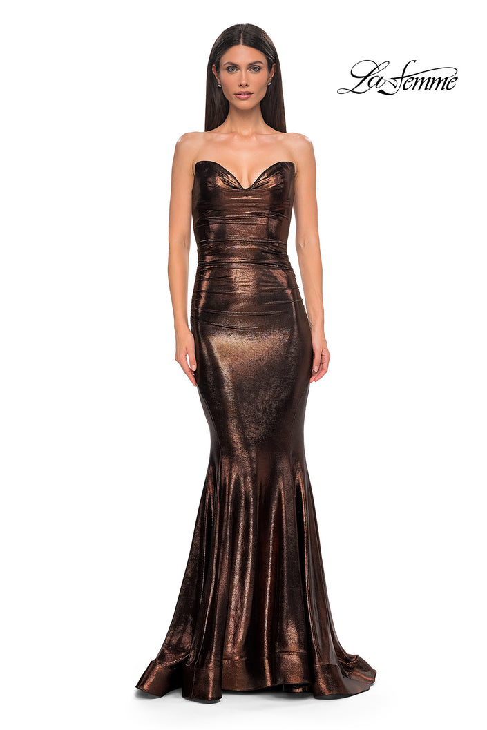 Picture of: Mermaid Metallic Prom Dress with Sweetheart Strapless Top in Bronze , Style 32995, Detail Picture 7