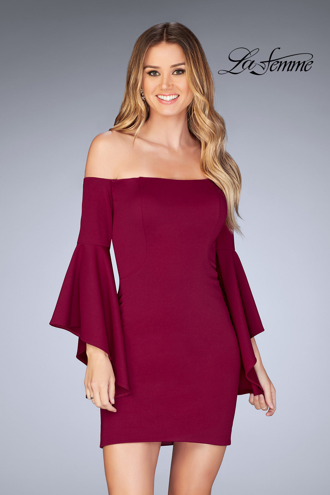Picture of: Off the Shoulder Ruffle Sleeve Homecoming Dress in Burgundy, Style: 25033, Detail Picture 1