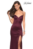 Picture of: Form Fitting Satin Dress with Slit and Strappy Back in Burgundy, Style: 27758, Main Picture