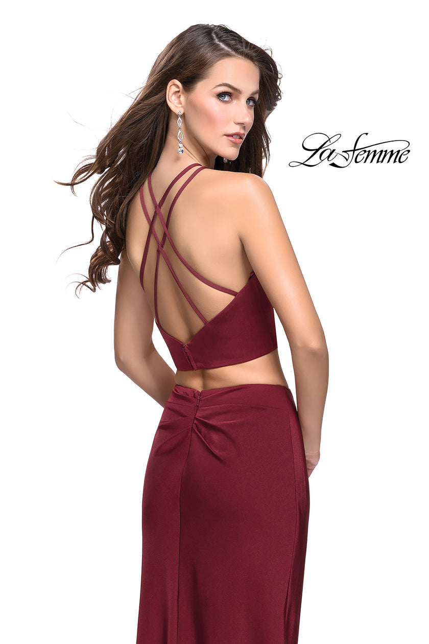 Picture of: Two Piece Jersey Prom Dress with Wrap Style Ruching in Burgundy, Style: 25731, Back Picture